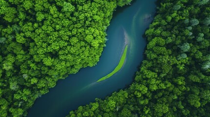  an aerial view of a river in the middle of a forest with lots of green trees on both sides of the river and a blue river running through the middle of the forest.