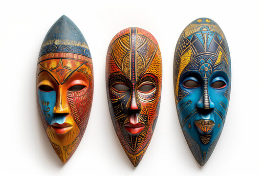 Three handmade African tribal masks with traditional patterns, ideal for Black History Month events and cultural heritage presentations.