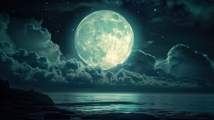 Fototapeta premium a full moon in the night sky over a body of water with a rock outcropping in the foreground and a few clouds in the foreground.