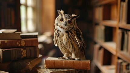An owl stands on books in a school or library