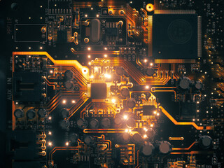 Electronic glowing complex circuit board technology background concept.
