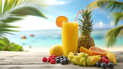 Fresh fruits juice on a wooden terrace on beach background 