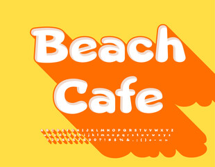 Fototapeta na wymiar Vector advertising poster Beach Cafe. Artistic 3D Font with Big Orange Shadow. Trendy Alphabet Letters and Numbers.