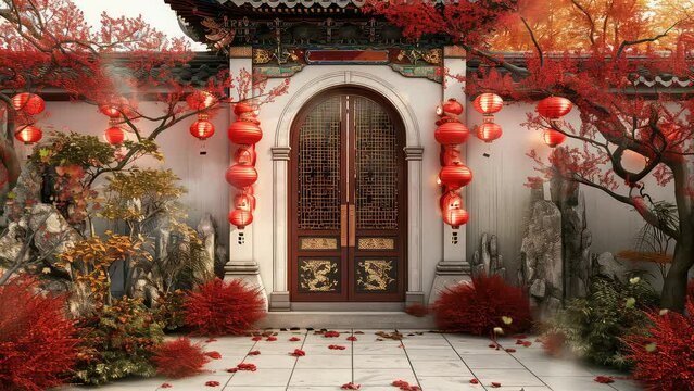 Happy chinese new year - text animation message with chinese house and lanterns in the chinese style. seamless 4k video looping background. generated with ai