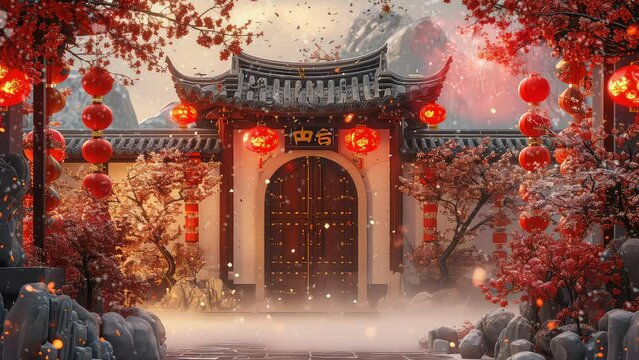 Happy chinese new year - text animation message with chinese house and lanterns in the chinese style. seamless 4k video looping background. generated with ai