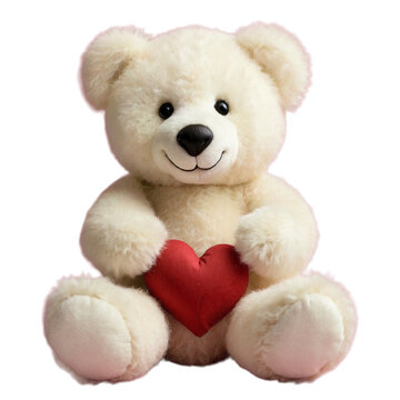 Cute teddy bear with red heart isolated on white, transparent background. Valentine's day celebration