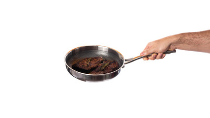 Marbled beef steak on frying pan isolated on white background. Piece of meat isolated. Red meat.
