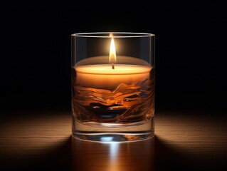 a lit candle in a glass of water on a wooden table with a reflection of the light on the surface of the glass and a dark background of the glass.