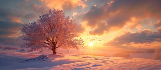 The sun sets behind a tree, transforming the winter landscape into a magical snow fairy tale.