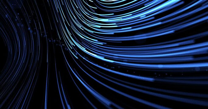 Descending and expanding stream of moving blue lines from dots on a black background. Flying blue particles. Abstract animation.