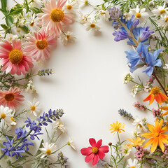 Spring and Summer seasonal colorful flower background design for social media post with copy-space for text. Beautiful realistic floral frame in warm color tone on blank white background.