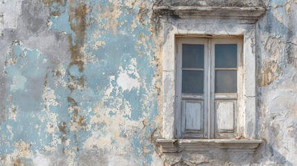  an old building with a broken window and peeling paint on the walls and the bottom half of the wall is blue and has peeling paint on the bottom half of the wall.