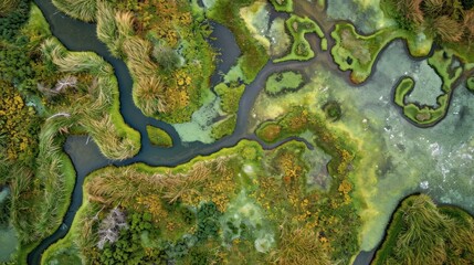  an aerial view of a body of water surrounded by lush green trees and grass, with a river running through the center of the picture, surrounded by lush vegetation.