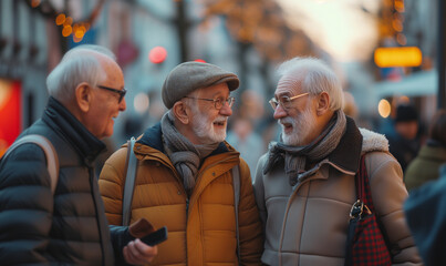 Fototapeta na wymiar Senior male friends discussing with each other at street.
