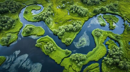  an aerial view of a body of water surrounded by a lush green area with lots of trees and grass on both sides of the water is a large body of water.