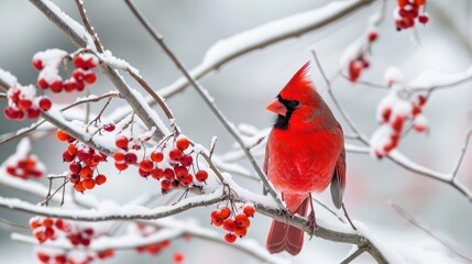  a red bird sitting on a branch of a tree with berries in the foreground and snow on the top of the branches, with a gray sky in the background.