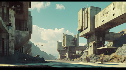 3D rendering of a futuristic city in the desert. Fantasy alien planet. Mountain and city.