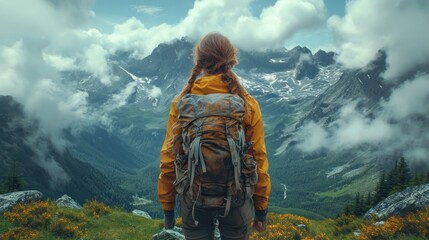  a woman with a backpack stands on a mountain top looking at a valley with mountains in the distance with clouds in the sky and yellow flowers in the foreground.