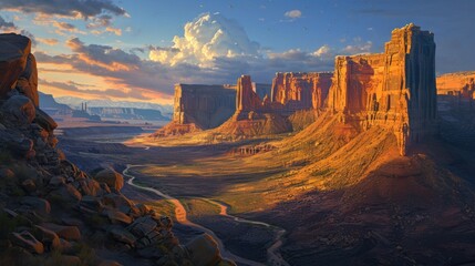  an artist's rendering of a desert landscape with a river running through the center of the landscape, and mountains in the background, and birds flying in the sky. - obrazy, fototapety, plakaty