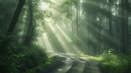  a dirt road in the middle of a forest with sunbeams shining through the trees on the other side of the road is a lush green forest with lots of trees on both sides.