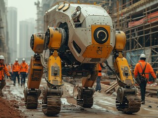 Engineers study and work with robots used on construction sites.