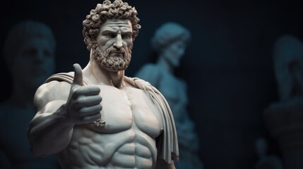 Fototapeta na wymiar white statue of Greek philosopher Roman Emperor with thumbs up pose.