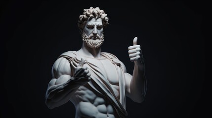 white statue of Greek philosopher Roman Emperor with thumbs up pose.