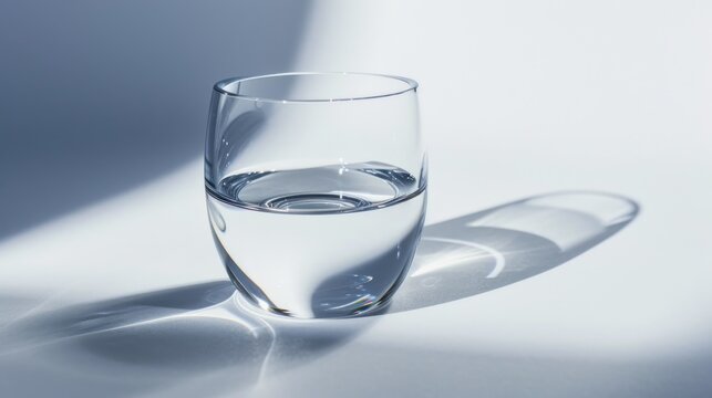  a glass of water sitting on top of a table next to a shadow of a person's shadow on the surface of the glass and a white wall behind it.