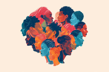 Illustration of diverse profiles in a heart shape for racial discrimination awareness and black history month events. - obrazy, fototapety, plakaty