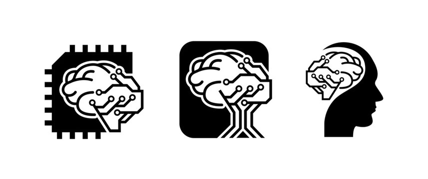 Brain icon with AI artificial intelligence integrated. Machine learning with chips and circuits and tech lines. Logo for AI software development. Brain in a Tree like structure. Png sticker 