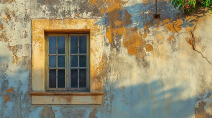  a window on the side of a building with peeling paint and a plant growing on the side of the building with a potted plant on the window sill.