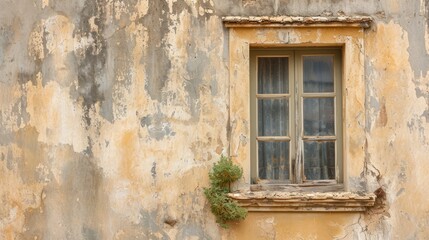  an old building with a window and a plant growing out of the window sill and on the side of the building is peeling paint and peeling from the walls.