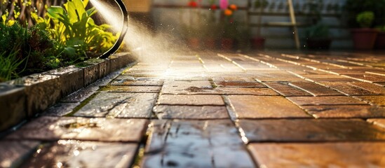 Cleaning terrace with high-pressure water blaster, targeting dirty paving. - obrazy, fototapety, plakaty