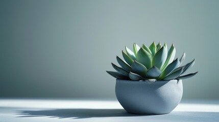  a succulent plant in a white vase on a white table top with a light green wall behind it and a shadow of the plant in the center of the picture.