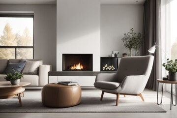 Scandinavian interior home design of modern living room with gray chair and shelf near fireplace with concrete wall