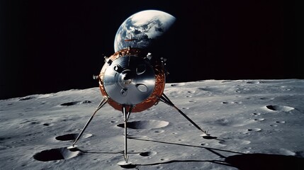 Lunar probe standing on the surface of the moon. Scientific research moon lander. Lunar lander operating on the surface of the earth's natural satellite. Lunar probe successfully landed. - obrazy, fototapety, plakaty
