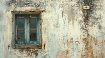 a window on the side of a building with peeling paint and a rusted iron grate on the outside of the window, and a rusted out wall.