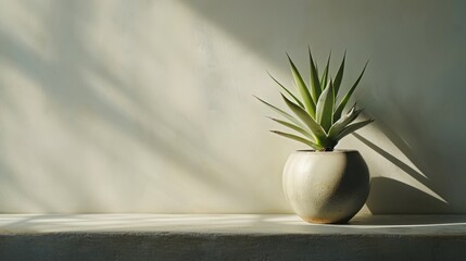  a white vase with a plant in it sitting on a ledge in front of a white wall with a shadow of a plant on the right side of the vase. - obrazy, fototapety, plakaty