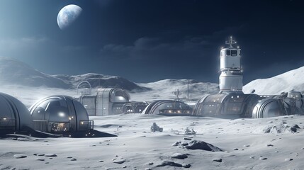 Futuristic lunar base. Realistic 3d render of a military lunar base. Scientific moon research camp. Human science base on the moon. Lunar mining facility. - obrazy, fototapety, plakaty