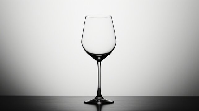  a wine glass sitting on a table in front of a white wall with a reflection of the wine glass on the table in front of a black and white background.