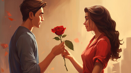 A lover expresses his love by giving a rose to his girlfriend, Valentine's Day, 