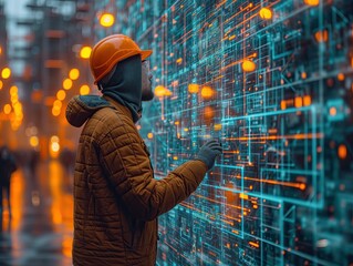 The table at the center of the construction site is filled with engineering diagrams and documents laid out. Each engineer is pointing out and interpreting the content displayed on a large touchscreen