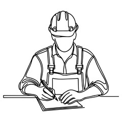 Happy Labour Day worker man wearing hard hat ontinuous one line draw design  black outline drawing Labor Day icon concept sketch of the workers doodle style