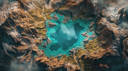 an aerial view of a mountain lake surrounded by rocks and a blue lake in the middle of the mountain is surrounded by rocks and a blue lake in the middle of the.
