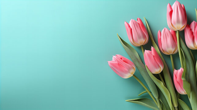 Bouquet of spring pink tulip on pastel blue background, spring flowers for gift, 8 March, Valentine day, Birthday party, International women day, 14 February, Easter, Copy space image Place for text