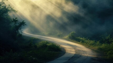  a dirt road in the middle of a forest with sunbeams shining down on the road and trees on both sides of the dirt road, with sunlight streaming through the fog.