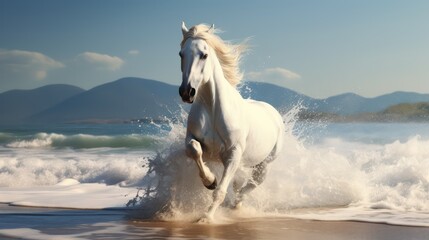 Obraz na płótnie Canvas white horse running on the water