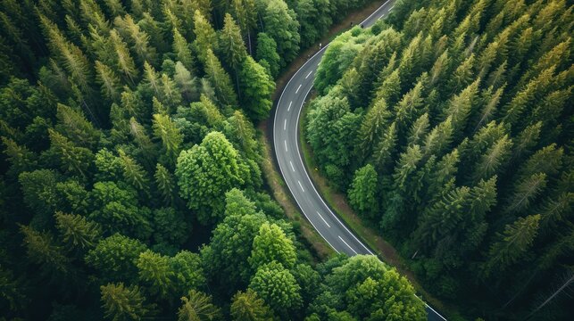  an aerial view of a winding road in the middle of a forest with lots of trees on both sides of the road and a car on the side of the road.