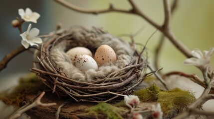 Obraz premium a bird's nest with three eggs sitting on top of it next to a branch of a tree with white flowers and a white flower in the foreground.