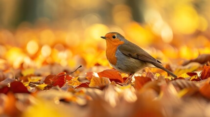  a small bird sitting on top of a pile of leaves next to a forest filled with lots of orange and yellow leaves on top of a forest floor of leaves.